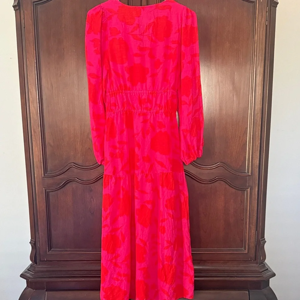 KATE SPADE X TARGET Pink Red Floral Midi Dress XXS Long Sleeve Feminine - Picture 7 of 9